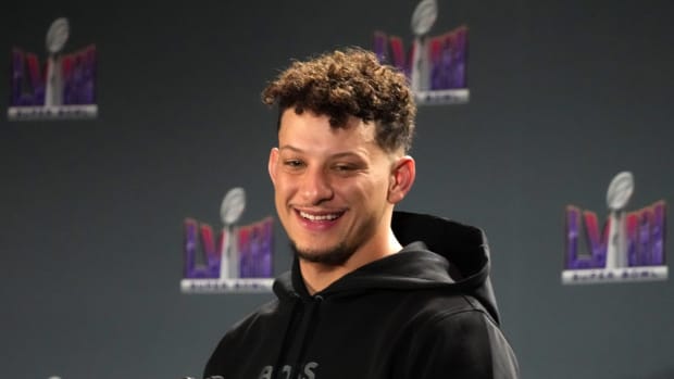 Feb 12, 2024; Las Vegas, NV, USA; Kansas City Chiefs quarterback Patrick Mahomes speaks at the Super Bowl LVIII Winning Head Coach and Most Valuable Player Press Conference at the Super Bowl 58 media center at the Mandalay Bay North Convention Center.