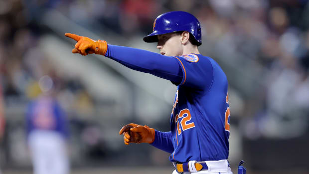 Sep 30, 2023; New York City, New York, USA; New York Mets third baseman Brett Baty (22) reacts after hitting an RBI single against the Philadelphia Phillies during the second inning at Citi Field.