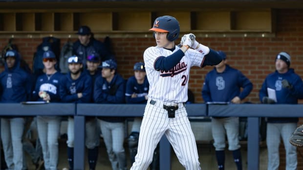 Eric Becker waits for a pitch during the Virginia baseball game against Old Dominion at Disharoon Park.