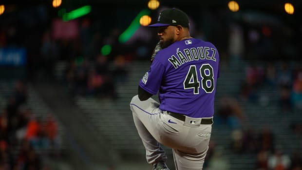 Sep 27, 2022; San Francisco, California, USA; Colorado Rockies starting pitcher German Marquez (48) throws a pitch during the first inning against the San Francisco Giants at Oracle Park.