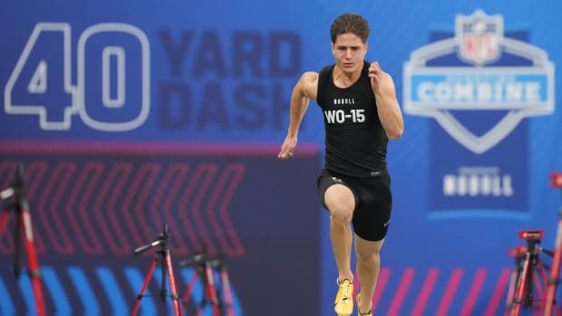 Mar 2, 2024; Indianapolis, IN, USA; Rice wide receiver Luke McCaffrey (WO15) during the 2024 NFL Combine at Lucas Oil Stadium. Mandatory Credit: Kirby Lee-USA TODAY Sports