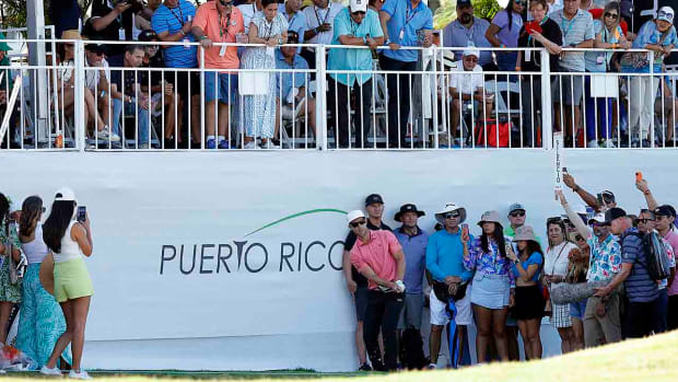 Derek Ernst hits a shot during the final round of the 2023 Puerto Rico Open at Grand Reserve Golf Club in Rio Grande, Puerto Rico.