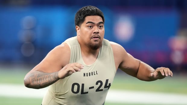 Mar 3, 2024; Indianapolis, IN, USA; Oregon State offensive lineman Taliese Fuaga (OL24) during the 2024 NFL Combine at Lucas Oil Stadium. Mandatory Credit: Kirby Lee-USA TODAY Sports  