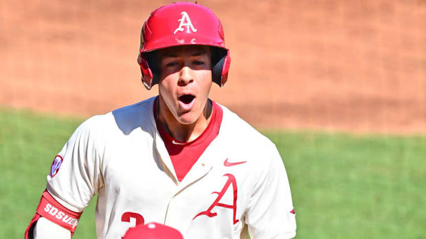 Nolan Souza hits his first homer in a Razorback uniform against Murray State Racers