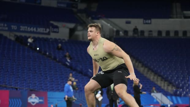 South Dakota State offensive lineman Garret Greenfield (OL30) during the 2024 NFL Combine at Lucas Oil Stadium.