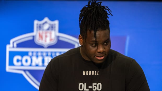 Mar 2, 2024; Indianapolis, IN, USA; Georgia offensive lineman Amarius Mims (OL50) talks to the media during the 2024 NFL Combine at Lucas Oil Stadium. 