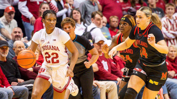 Indiana's Chloe Moore-McNeil (22) looks for teammates as she runs the floor during the second half of the Indiana versus Maryland women's basketball game at Simon Skjodt Assembly Hall on Sunday, March 3, 2024.