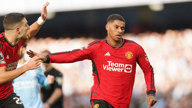 Marcus Rashford pictured (right) celebrating after scoring for Manchester United against Manchester City in the Premier League in March 2024