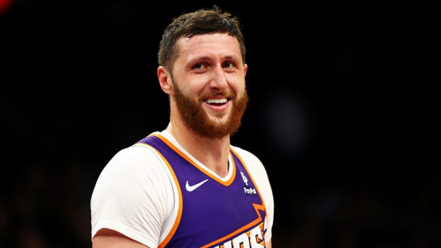 Phoenix Suns center Jusuf Nurkic (20) reacts during the fourth quarter of the game against the Oklahoma City Thunder at Footprint Center.