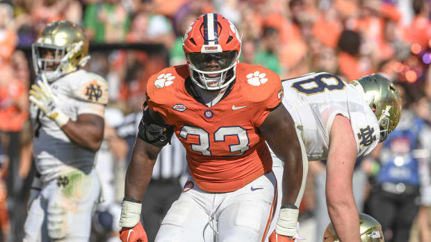 Clemson Tigers defensive tackle Ruke Orhorhoro (33) celebrates after a tackle against the Notre Dame Fighting Irish during the fourth quarter at Memorial Stadium.