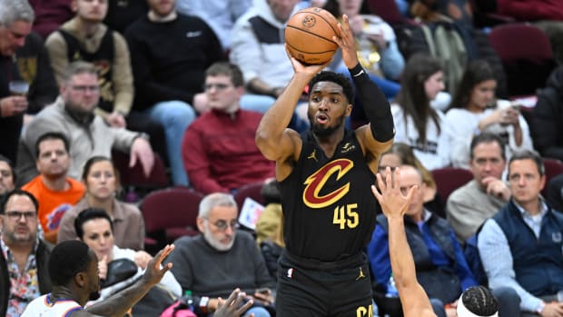 Oct 31, 2023; Cleveland, Ohio, USA; Cleveland Cavaliers guard Donovan Mitchell (45) shoots in the third quarter against the New York Knicks at Rocket Mortgage FieldHouse.