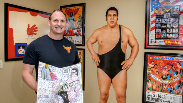 Chris Owens shows some of the memorabilia he's collected over the years about professional wrestling legend Andr the Giant, who died in 1993. Owens has been an avid Andr fans for years and has a massive and diverse collection of items, from ticket stubs and Japanese posters to a rare get-well card signed by dozens of Andr 's fellow wrestlers. Andrethegiant01  
