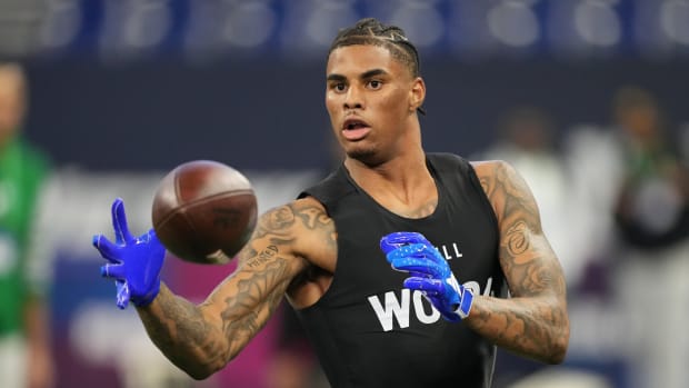 Mar 2, 2024; Indianapolis, IN, USA; Florida State wide receiver Keon Coleman (WO04) during the 2024 NFL Combine at Lucas Oil Stadium.