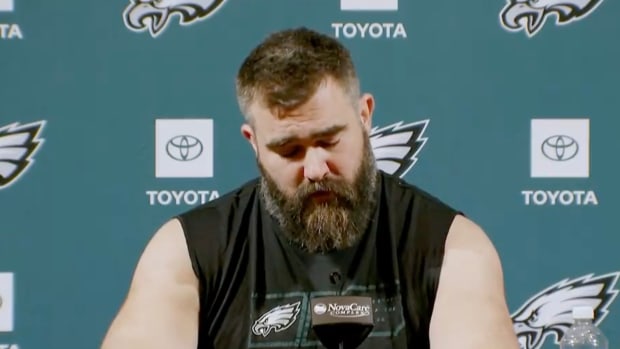 Jason Kelce Had the Sweetest Message for His Wife During Teary Retirement Press Conference