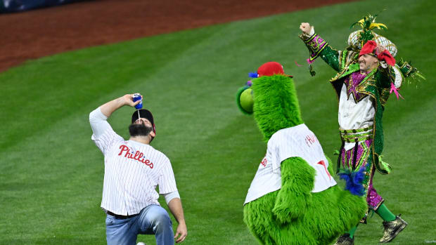 Oct 21, 2022; Philadelphia, Pennsylvania, USA; Philadelphia Eagles tight end Jason Kelce chugs a beer during game three of the NLCS between the Philadelphia Phillies and the San Diego Padres for the 2022 MLB Playoffs at Citizens Bank Park. Mandatory Credit: Kyle Ross-USA TODAY Sports