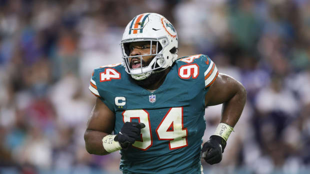 Dec 24, 2023; Miami Gardens, Florida, USA; Miami Dolphins defensive tackle Christian Wilkins (94) looks on against the Dallas Cowboys during the second quarter at Hard Rock Stadium. Mandatory Credit: Sam Navarro-USA TODAY Sports  