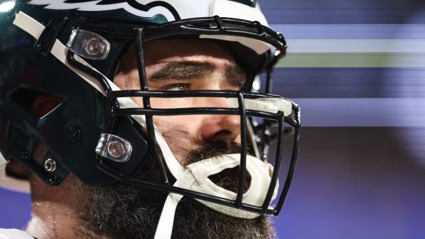 Jan 15, 2024; Tampa, Florida, USA; Philadelphia Eagles center Jason Kelce (62) looks on during warm ups before a 2024 NFC wild card game against the Tampa Bay Buccaneers at Raymond James Stadium. Mandatory Credit: Nathan Ray Seebeck-USA TODAY Sports
