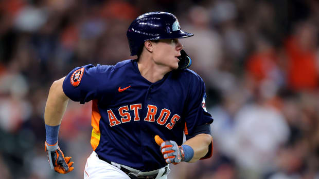 Aug 19, 2023; Houston, Texas, USA; Houston Astros center fielder Jake Meyers (6) runs up the base line after hitting a double to center field against the Seattle Mariners during the fourth inning at Minute Maid Park. Mandatory Credit: Erik Williams-USA TODAY Sports