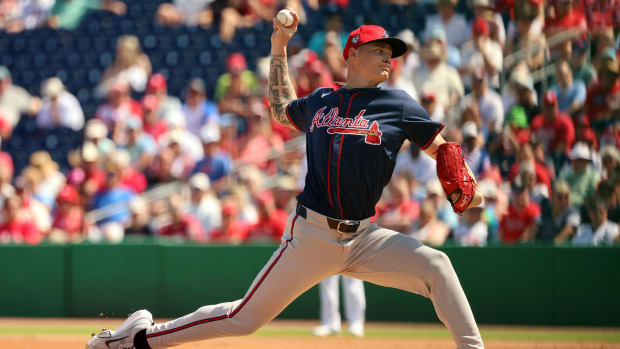 Feb 28, 2024; Clearwater, Florida, USA; Atlanta Braves starting pitcher AJ Smith-Shawver (32) throws a pitch during the first inning against the Philadelphia Phillies at BayCare Ballpark.