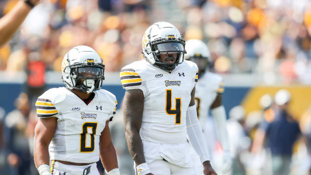 Sep 17, 2022; Morgantown, West Virginia, USA; Towson Tigers quarterback Tyrrell Pigrome (4) during the first quarter against the West Virginia Mountaineers at Mountaineer Field at Milan Puskar Stadium. Mandatory Credit: Ben Queen-USA TODAY Sports  
