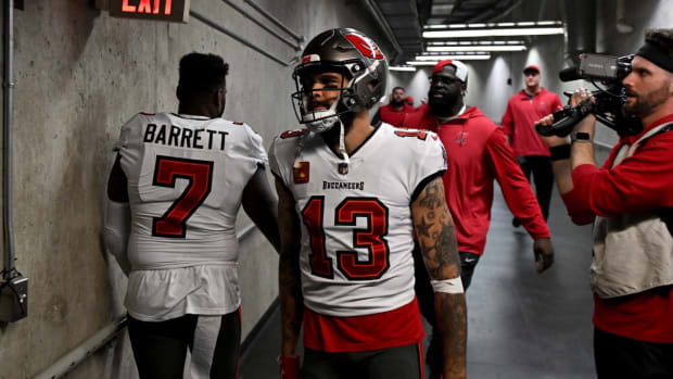 Jan 21, 2024; Detroit, Michigan, USA; Tampa Bay Buccaneers wide receiver Mike Evans (13) walks in the tunnel before a 2024 NFC divisional round game against the Detroit Lions at Ford Field. 