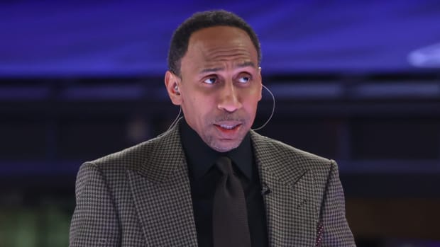 ESPN’s Stephen A. Smith reacts during the 2023-24 All-Star Celebrity game.