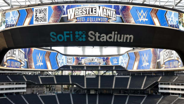 A look at the WWE WrestleMania 39 banner inside SoFi Stadium.