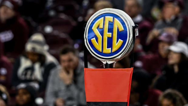 Nov 11, 2023; College Station, Texas, USA; A detailed view of the SEC logo on a chain marker during the game between the Texas A&M Aggies and the Mississippi State Bulldogs at Kyle Field. Mandatory Credit: Maria Lysaker-USA TODAY Sports