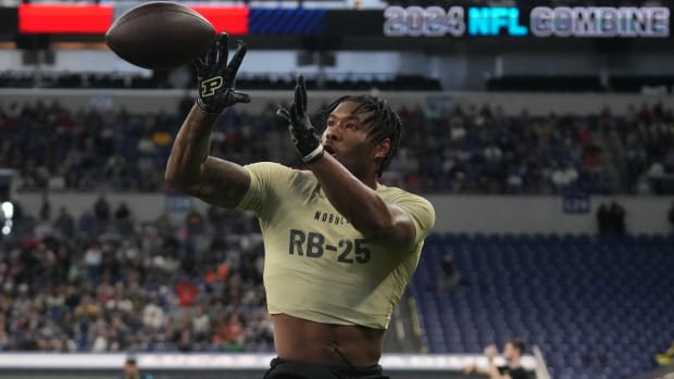 Purdue running back Tyrone Tracy Jr (RB25) during the 2024 NFL Combine at Lucas Oil Stadium.