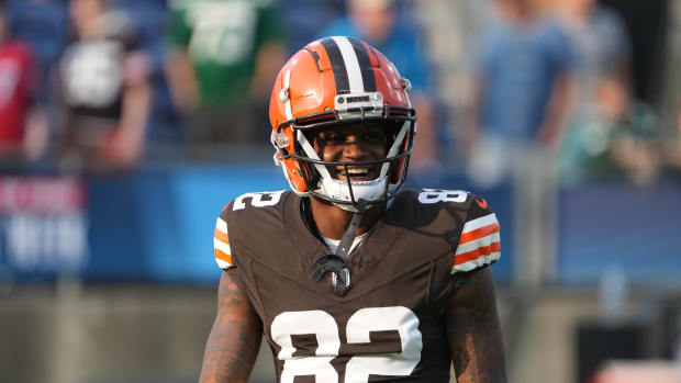 Aug 3, 2023; Canton, Ohio, USA; Cleveland Browns wide receiver Mike Harley Jr. (82) reacts during the first half against the New York Jets at Tom Benson Hall of Fame Stadium. Mandatory Credit: Kirby Lee-USA TODAY Sports
