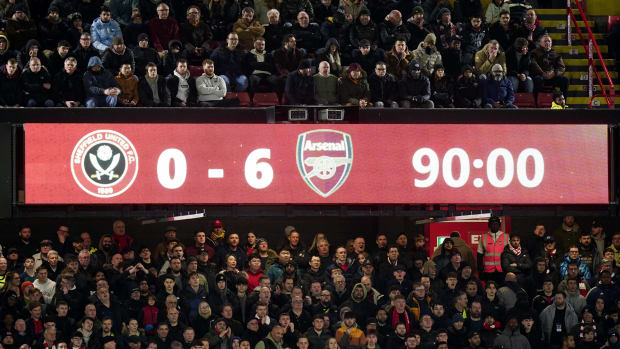 A photo taken of the scoreboard at Bramall Lane at the end of Arsenal's 6-0 away win over Sheffield United in March 2024