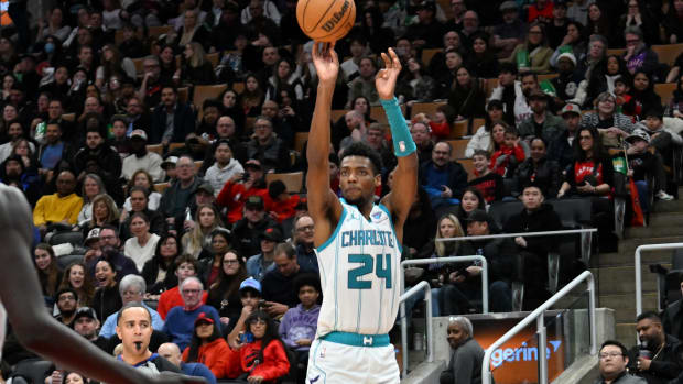 Mar 3, 2024; Toronto, Ontario, CAN; Charlotte Hornets forward Brandon Miller (24) shoots the ball against the Toronto Raptors in the second half at Scotiabank Arena. Mandatory Credit: Dan Hamilton-USA TODAY Sports