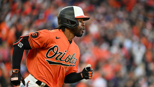 Oct 8, 2023; Baltimore, Maryland, USA; Baltimore Orioles center fielder Cedric Mullins (31) runs out a single during game two of the ALDS for the 2023 MLB playoffs against the Texas Rangers at Oriole Park at Camden Yards. Mandatory Credit: Tommy Gilligan-USA TODAY Sports