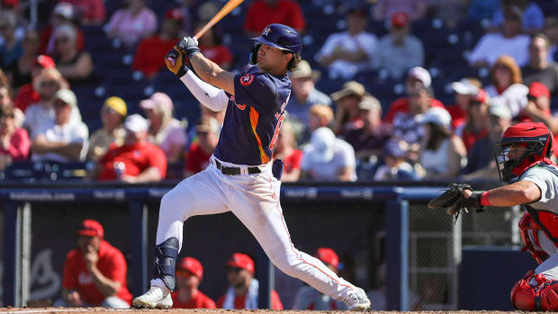 Feb 25, 2024; West Palm Beach, Florida, USA; Houston Astros outfielder Joey Loperfido (83) hits a single against the St. Louis Cardinals during the sixth inning at CACTI Park of the Palm Beaches. Mandatory Credit: Sam Navarro-USA TODAY Sports