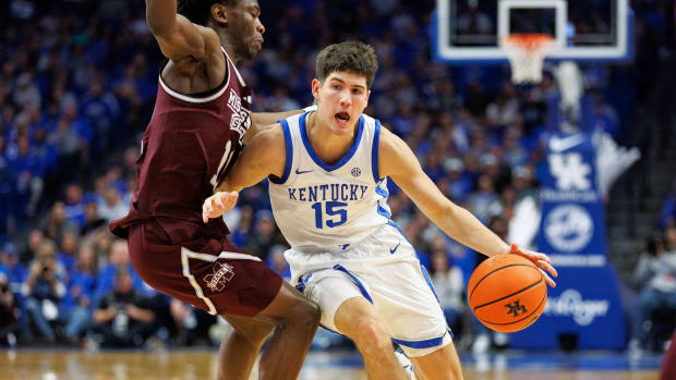 Jan 17, 2024; Lexington, Kentucky, USA; Kentucky Wildcats guard Reed Sheppard (15) drives to the basket during the second half against the Mississippi State Bulldogs at Rupp Arena at Central Bank Center.