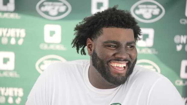 Offensive tackle Mekhi Becton addresses the media during the opening day of the 2022 New York Jets Training Camp in Florham Park, NJ on July 27, 2022. Opening Of The 2022 New York Jets Training Camp In Florham Park Nj On July 27 2022  