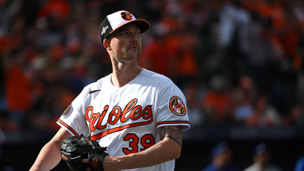 Oct 7, 2023; Baltimore, Maryland, USA; Baltimore Orioles starting pitcher Kyle Bradish (39) looks on during the third inning against the Texas Rangers in game one of the ALDS for the 2023 MLB playoffs at Oriole Park at Camden Yards.