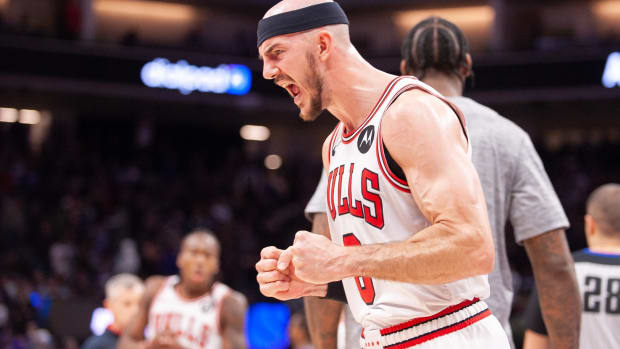 Chicago Bulls guard Alex Caruso (6) reacts after defeating the Sacramento Kings at Golden 1 Center.