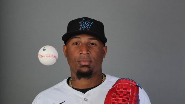 Feb 22, 2024; Jupiter, FL, USA; Miami Marlins starting pitcher Sixto Sanchez (45) poses for a photo during photo day at the Marlins Player Development & Scouting Complex.