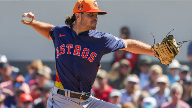 Feb 26, 2024; Lakeland, Florida, USA; Houston Astros pitcher Spencer Arrighetti (75) pitches during the first inning against the Detroit Tigers at Publix Field at Joker Marchant Stadium. Mandatory Credit: Mike Watters-USA TODAY Sports