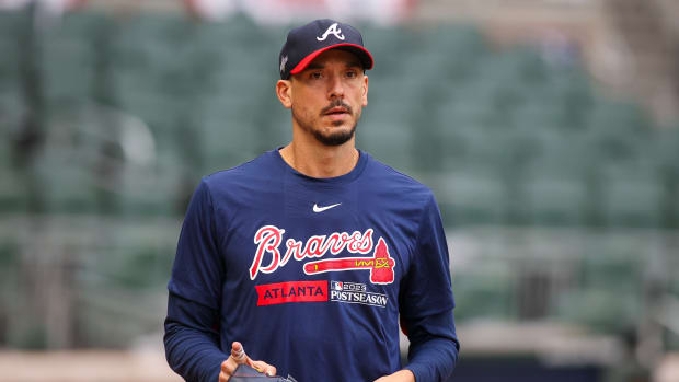 Oct 6, 2023; Atlanta, GA, USA; Atlanta Braves starting pitcher Charlie Morton (50) during a workout before the NLDS against the Philadelphia Phillies at Truist Park.