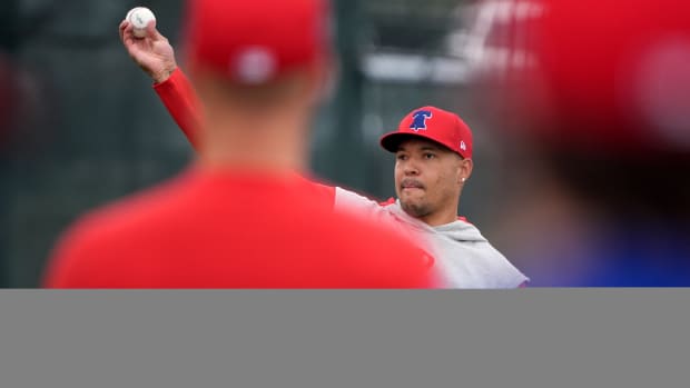 Feb 16, 2024; Clearwater, FL, USA; Philadelphia Phillies pitcher Taijuan Walker throws a ball during warmups at Phillies Spring Training.