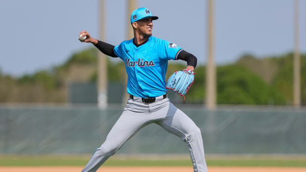 Feb 17, 2024; Jupiter, FL, USA; Miami Marlins starting pitcher Eury Perez (39) practices during a spring training workout at the Marlins Player Development & Scouting Complex.