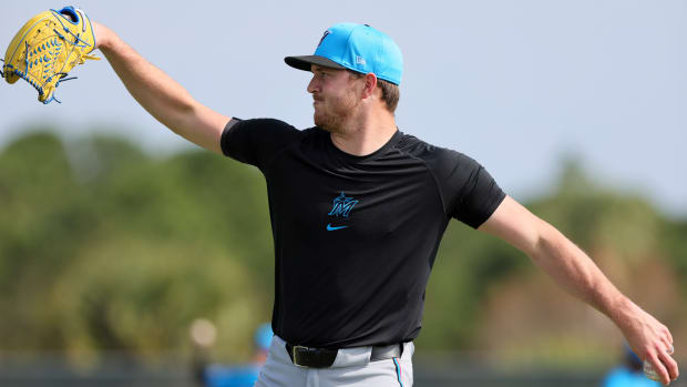Feb 17, 2024; Jupiter, FL, USA; Miami Marlins starting pitcher Trevor Rogers (28) works out during spring training at the Marlins Player Development & Scouting Complex.