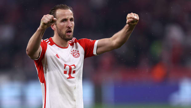 Harry Kane pictured celebrating after scoring two goals for Bayern Munich in a 3-0 win over Lazio in March 2024