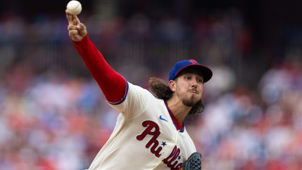 Aug 23, 2023; Philadelphia, Pennsylvania, USA; Philadelphia Phillies starting pitcher Michael Lorenzen (22) throws a pitch during the fifth inning against the San Francisco Giants at Citizens Bank Park. Mandatory Credit: Bill Streicher-USA TODAY Sports