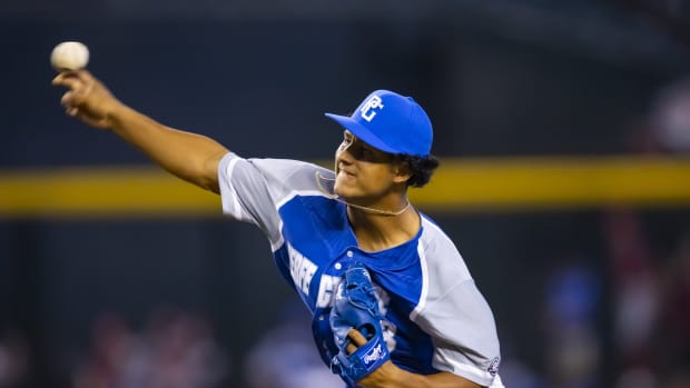Aug 28, 2022; Phoenix, Arizona, US; East pitcher Charlee Soto (23) during the Perfect Game All-American Classic high school baseball game at Chase Field.