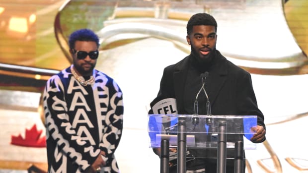 Nov 16, 2023; Niagra Falls, Ontario, CAN; Toronto Argonauts defensive back Quan'tez Stiggers speaks after receiving the Most Outstanding Rookie award from presenter recording artist Shaggy during the CFL Awards at Fallsview Casino & Resort. Mandatory Credit: Dan Hamilton-USA TODAY Sports