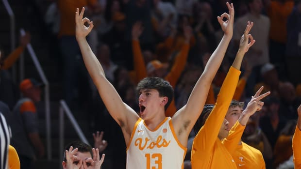 Tennessee Volunteers forward J.P. Estrella (13) reacts to a three pointer against the Auburn Tigers during the second half at Thompson-Boling Arena at Food City Center in Knoxville, Tennessee, on Feb. 28, 2024.