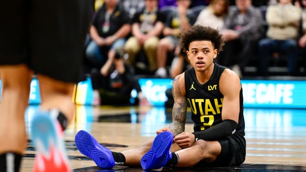Dec 31, 2022; Salt Lake City, Utah, USA; Utah Jazz guard Keyonte George (3) sits on the floor against the Miami Heat during the second half at Vivint Arena. Mandatory Credit: Christopher Creveling-USA TODAY Sports